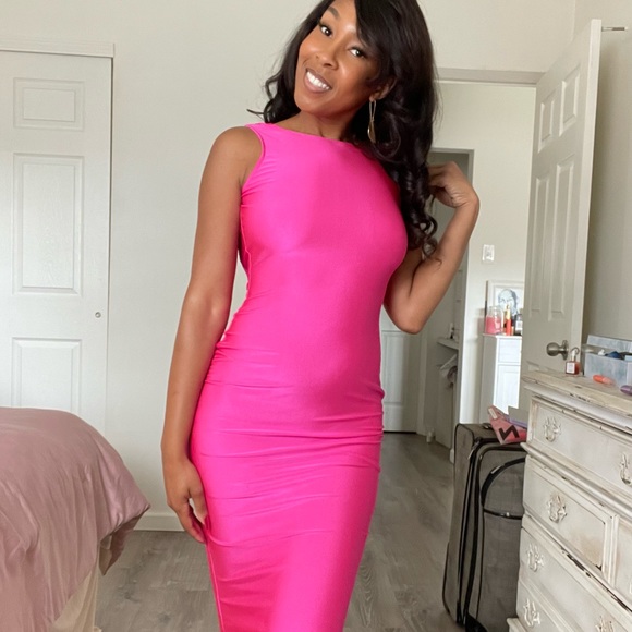 Barbie Pink Slinky Open Back Cowl Dress - Picture 3 of 13